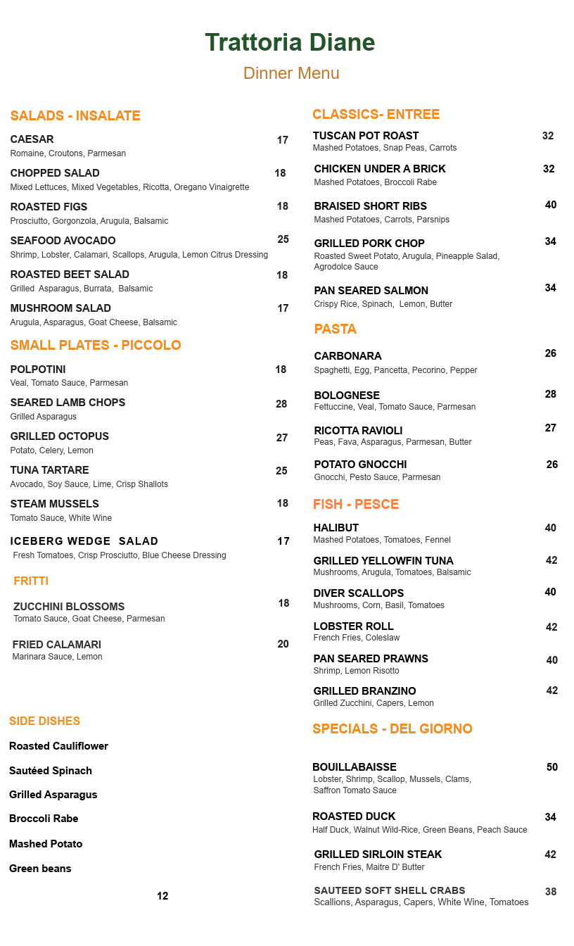 Dinner Menu — Trattoria Diane